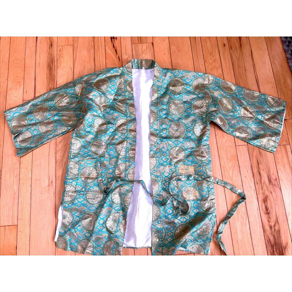 VTG Japanese Kimono Ceremonial Robe Dress Coat Silk Lined 1950s Turquoise Gold